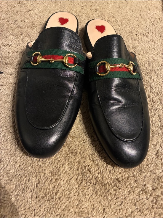 Gucci Shoes - Gucci Black Leather Slip-On Horsebit Mules with Red and Green Web